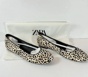 Zara Animal Print Faux Fur Ballerina Flats NIB Black Ivory Round Toe - Picture 1 of 8