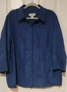 Sag Harbor Blue Embroidered Floral Long Sleeve Button UP Shirt Women's Sz 1X EUC - Picture 1 of 4