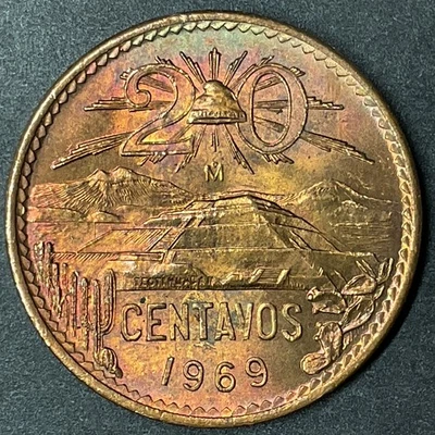 México 1969 20 centavos KM# 440 ch BU rojo con pátina de colores Pirámide del sol Foto 1 de 2