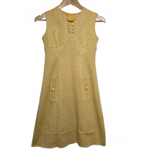 Handmade 60er Kleid Damen XS gelb Wirbelmuster ärmellos Mini A Linie Hippie - Bild 1 von 7