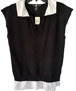 NWT Ashley Stewart Black Sweater White Collar Sleeveless Women L 10/12 Modern - Picture 1 of 6