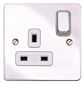 MK Edge Flatplate 1G DP Switched Plug Socket Polished Chrome White K14357 POC W - Picture 1 of 1