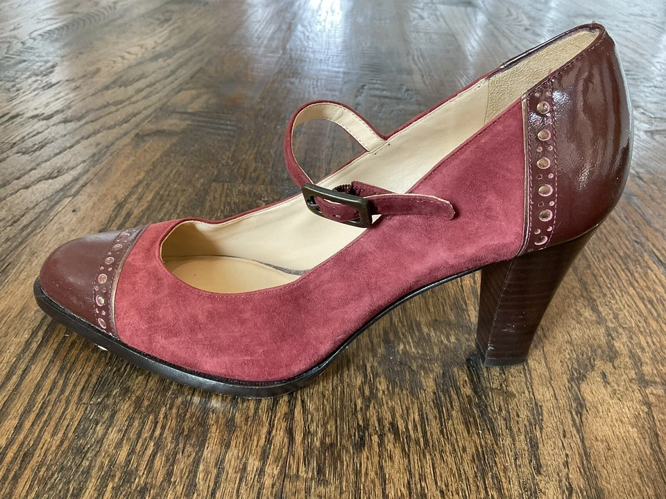 Cole Haan NikeAir D25528 勃艮第/棕色麂皮绒/专利 Mary Jane Pump 美国 9 B 码 — 第 1/4 张图片