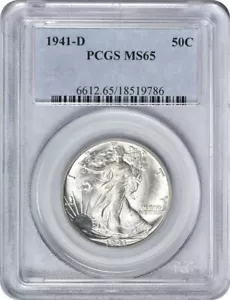 1941-D/D Walking Liberty Silber Half Dollar RPM 4 MS65 PCGS - Bild 1 von 2