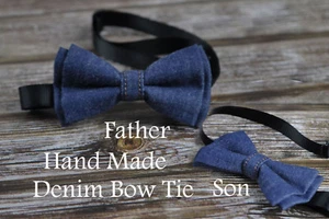 Father Son Match Handmade Denim Navy Blue Solid Bow Tie Bowtie Wedding Party - Picture 1 of 23