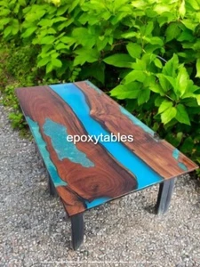 Blue Epoxy Resin Dining Table Top Live Edge Wooden Cafeteria Hallway Decors - Picture 1 of 8