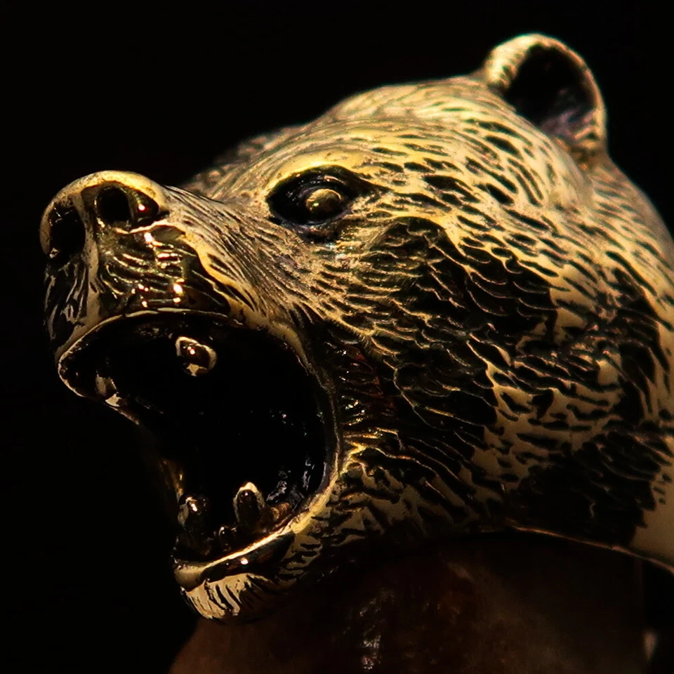 GRIZZLY RING, STUNNING MENS BRASS COSTUME BIKER RING GRIZZLY BEAR HEAD SIZE 10.5 - Image 1 of 1