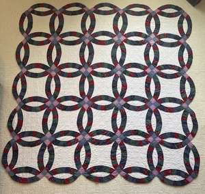 Vintage Handstitched Double Wedding Ring Quilt Twin Scalloped Edge 80X78 - Picture 1 of 9