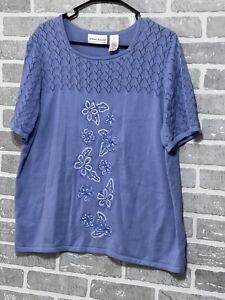 Alfred Dunner Women’s XL Blue Shot Sleeved Floral Embellished Sweater 