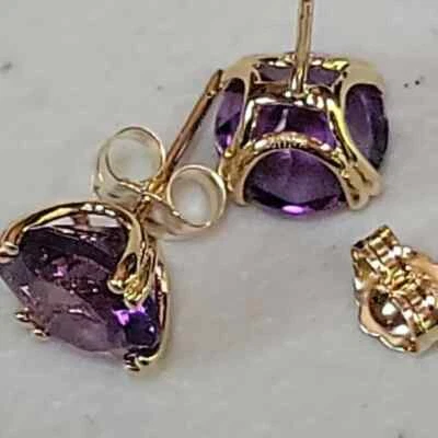 2Ct Round Cut Simulated Purple Amethyst Stud Earrings 14K Yellow Gold Plated - Image 1 of 4