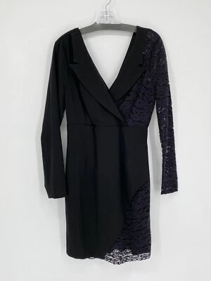 Venus Black Long Sleeve Collared V Neck Sheath Dress Lace Accents Women’s Size 8 - Image 1 of 4
