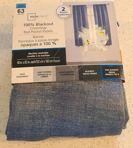 Mainstays Blackout ROD POCKET Curtain 2 PANEL Chambray Blue Denim 40X63 Inch NWT - Picture 1 of 9