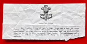 HISTORIA DEL REGIMIENTO - CABALLO LIGERO DEL PRÍNCIPE DE GALES 4/XIX - NOTA MUY BREVE. - Imagen 1 de 1