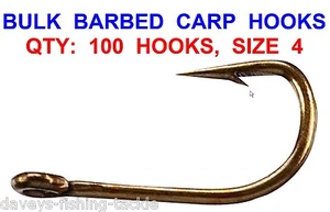 BULK 100 BARBED CARP HOOKS SIZE 4 FOR POLE FLOAT MATCH ROD FISHING ZIG HAIR RIGS - Picture 1 of 1