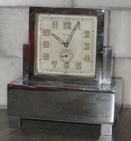 UNUSUAL RENOVA SWISS RECTILINEAR NICKEL-PLATED BRASS MUSICAL ALARM CLOCK WORKING Cover