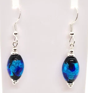 BLUE & BLACK OVAL DRAW BENCH GLASS 925 SILVER HOOK EARRINGS 4.5CM DROP E351 - Picture 1 of 3