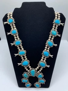 Turquoise Pendant Navajo Sterling Silver Squash Blossom Necklace - Picture 1 of 11