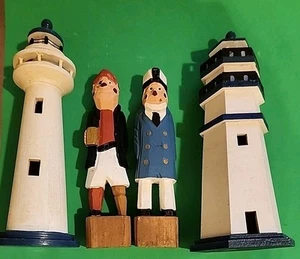 VTG SEA/NAUTICAL HAND-CARVED WOOD CAPTAIN, PIRATE And 2 LIGHTHOUSES. - Picture 1 of 16