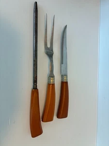 VINTAGE BAKELIT SET / 3 MESSER, SCHÄRFER, SERVIERGABEL - Bild 1 von 2