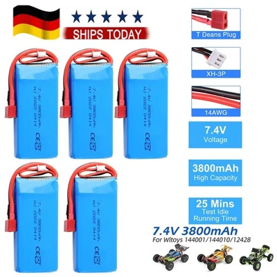 5STK 3800mAh 7.4V 2S Lipo Battery Deans T Male for Wi-Fi toys 1/14 144001 124017 - Bild 1 von 4