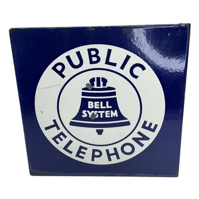 Vintage Public Telephone Bell System Sign Porcelain Blue White Double Sided - Image 1 of 4