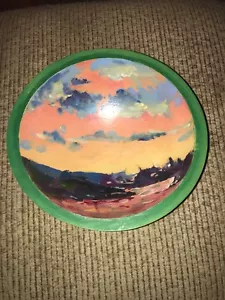 Artist Painted Sunset Painting In A Wooded Bowl 8 1/2” Artist Signed Wood Bowl - Picture 1 of 5