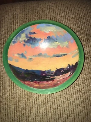 "Pintura al atardecer pintada por artista en un cuenco de madera 8 1/2"" cuenco de madera firmado por artista" Foto 1 de 4