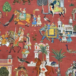 Jaipur Rusty Red Cotton Fabric Palm Trees Animals Horses Elephants Maharajah - Picture 1 of 9