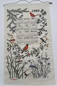 Asciugamano da tè calendario 1985 puro lino uccellini/catte/farfalla di Hattie SSS - Foto 1 di 1
