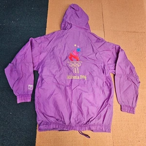 1996 Atlanta Olympic Jacket Logo 7 Medium Zip Purple Hooded Windbreaker Mens W6b - Picture 1 of 14