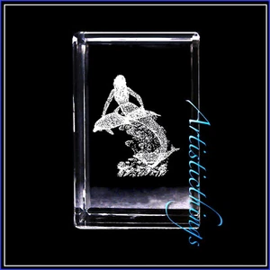 MERMAID DOLPHINS, Laser Crystal Paperweight Laser Etched 3D Image FREE SHIPPING - Picture 1 of 1