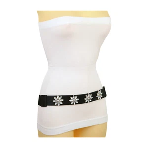 Women Black Elastic Waistband Holiday Party Belt Bling Gold Flower Charm Fit S M - Picture 1 of 24
