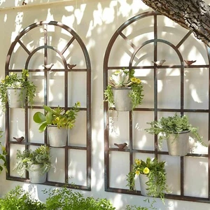 Metal Wall Art Planter Holder Bird French Window Flower Pot Garden Framed Wall - Picture 1 of 7