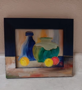27cm x 23cm Glass Painting Framed and Signed 'KS' Handpainted w Raised Texture - Picture 1 of 8