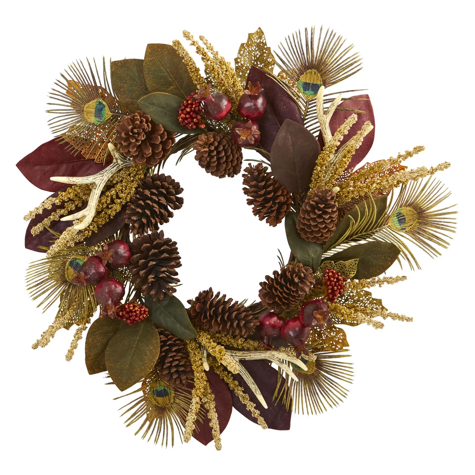 Nearly Natural 27”Magnolia Leaf Berry Antler & Peacock Feather Artificial Wreath - Image 1 of 1