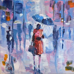 Urban Rain Szene Gemälde Elegante Kunst für Wohnzimmer oder Büro - Bild 1 von 6
