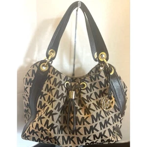 Michael Kors Ludlow Lrg Signature Hobo Bag Drawstring Black Canvas Black Leather - Picture 1 of 15