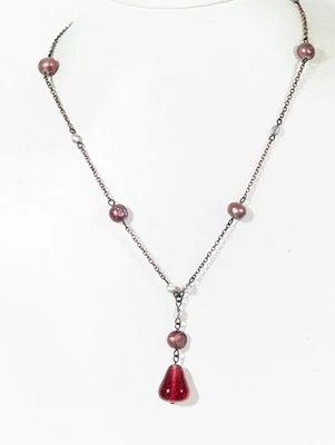 Premier Designs 18" Copper-Toned Beaded Necklace With Red Glass Pendant Pearls - Image 1 of 4