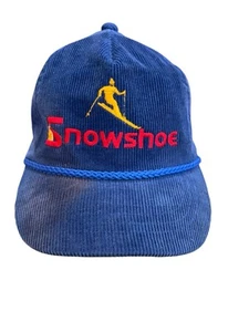 Vintage 80s Snowshoe Ski Skiing Snowboard Corduroy Trucker Hat Snapback Cap Blue - Picture 1 of 9