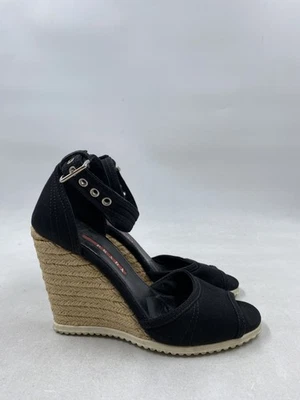 Prada Negro Lona Peep Toe Correa al Tobillo Alpargata Cuñas W 5 Foto 1 de 4