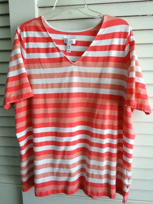 DENIM & CO 2X ~ Top a Rayas Cuello en V Perfecto ~ QVC A254227 ~ Naranja Coral Foto 1 de 4