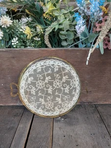 Antique Brass & Lace Under Glass Small Round Vanity Dresser 7" Tray - Picture 1 of 9