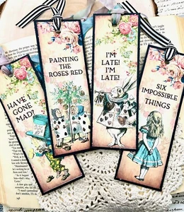 Handmade Set of 4 Vintage Tea Party Alice in Wonderland Bookmarks w. Ribbon - Foto 1 di 2