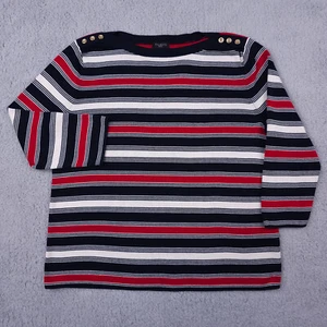 Talbots Sweater Womens LP Blue Red Striped Button Shoulder Boat Neck Pullover - Picture 1 of 10