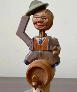 Vtg Anri Carved Mechanical Bottle Stopper Articulated Tipping Hat Drinker on Keg - Picture 1 of 15