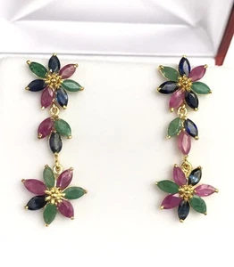 14k Solid Yellow Gold Cluster Dangle Stud Earrings, Ruby Sapphire Emerald 5.5CT - Picture 1 of 4