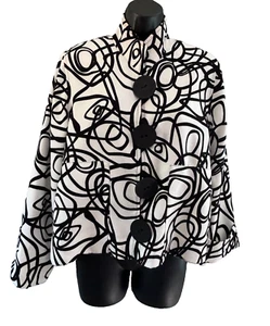 Caroline Rose Blazer Jacket Womens Size XS Black & Ivory Abstract Big Buttons - Picture 1 of 14