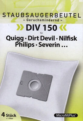 MARKENLOS 4 Staubsaugerbeutel DIV 150 + 1 Filter Quigg Dirt Devil Nilfisk Philips Severin