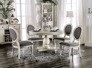 Traditional Antique White Dining Room 5 piece Round Table & Gray Chairs Set ICDE - Picture 1 of 3