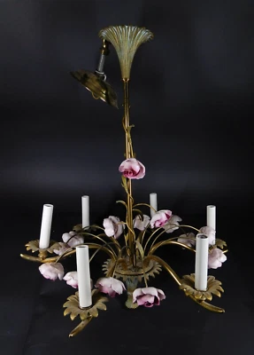 Vintage 1950s 6-light Brass Chandelier w 15 Pink Ceramic Roses marked England - Image 1 of 4